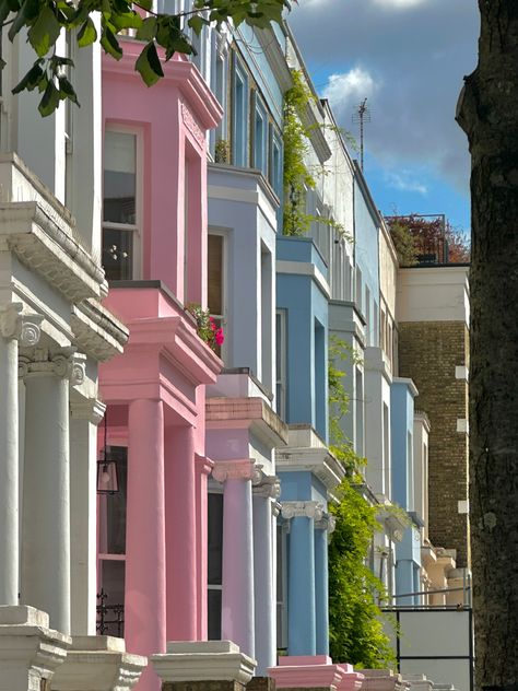 Notting hill london street buildings colourful houses pink purple blue homes aesthetic cute street unique decor brick houses Pastel Neighborhood, London House Aesthetic, Homes Aesthetic, Colourful House, Brick Houses, Notting Hill London, Europe Aesthetic, London Aesthetic, London House