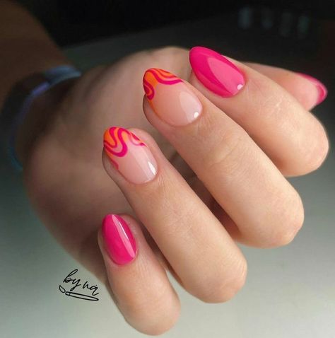 Palm Springs Nails Ideas, Pink Nail Inspo Short, Orange And Pink Nail Designs, Hot Pink And Orange Nails, Nails Fucsia, Orange Pink Nails, Easter Nails Designs, Sunny Nails, Nails Art Designs