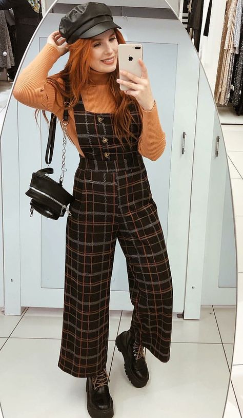 Jumpsuit With Shirt Underneath, Teacher Vibes, October Outfits, Plaid Jumpsuit, Jumpsuit Outfits, Fashion 2024, Other Outfits, Art References, Clothing Ideas