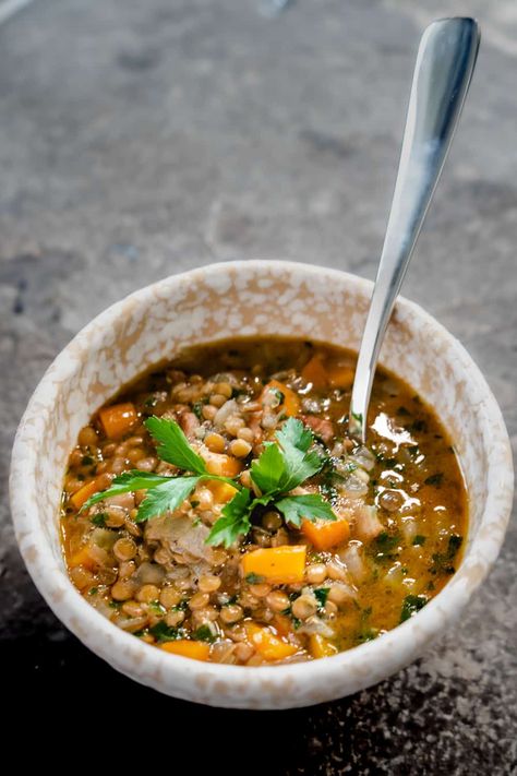 This fast and easy Smokey Lentil And Bacon Soup is as cozy as your favorite winter sweater. Omit the bacon and use vegetable stock to easily make it vegetarian or vegan! #lentilsoup #lentilbaconsoup My Pocket Kitchen, Slow Cooker Vegetable Soup, Lentil And Bacon Soup, Pocket Kitchen, Canned Lentils, Vegan Slow Cooker, French Lentils, Dried Lentils, Bacon Soup