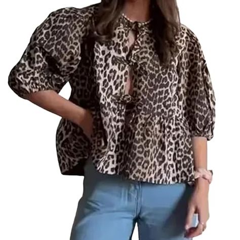 Tie Front Tops for Women Leopard Print Peplum Babydoll Top 3/4 Length Puff Sleeve Coquette Tops Cute Going Out Tops Tie Front Tops, Babydoll Tops, Peplum Shirt, Leopard Print Fabric, Cute Summer Tops, Peplum Tops, Puff Sleeve Shirt, Women Tie, Peplum Shirts