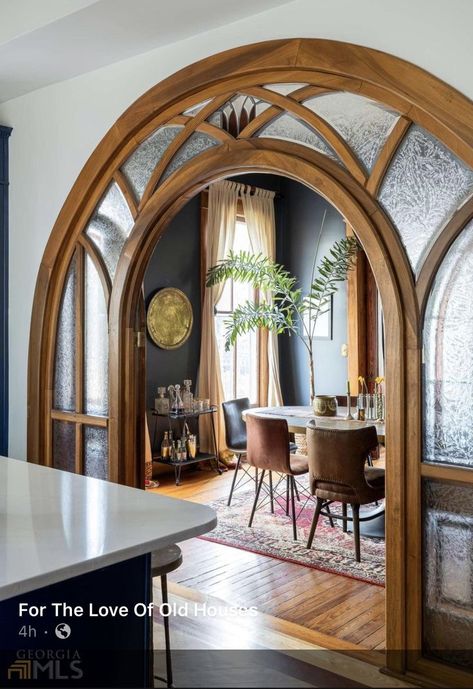 Unique Home Architecture Interiors, Unique Archways In Homes, Unique Rooms To Have In Your House, Elvish Interior Design, Archway In House, Arch Doorway Ideas, Home With Arches, Arched Passageway, Recessed Living Room