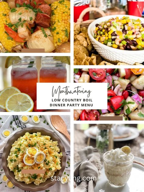 Spice up your summer entertaining with a delicious low country boil dinner party menu that wows! This guide offers a complete menu, including refreshing cocktails, savory appetizers, a classic boil recipe with variations, tasty side dishes, and sweet Southern desserts. #lowcountryboileasy #lowcountryboilmenu #lowcountryboilrecipe #recipeforlowcountryboil #cucumertomatoonionsalad #saladwithcucumbertomatoonionsalad #seafoodboil #dinnerpartyideas #seafoodboilparty #lowcountryboilparty Low Country Boil Party Ideas Appetizers, Rehearsal Dinner Low Country Boil, Sides For A Low Country Boil, Low Country Boil Appetizers, Low Country Boil Birthday Party, Low Country Boil Sides, Low Country Recipes, Low Country Boil Party Ideas, Boil Dinner