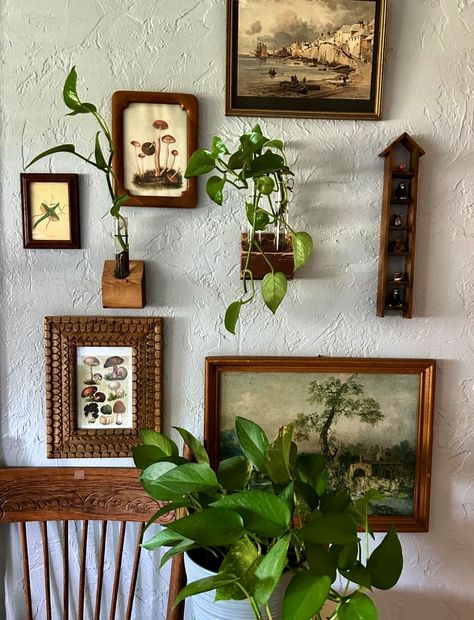 Maximalist Thrifted Decor, Diy Sustainable Fall Decor, Small Cottage Room, Cottage Eclectic, Clutter Wall, Decorative Hooks Ideas, Cottage Core Gallery Wall, Grandpa House Aesthetic, Granola Home Decor