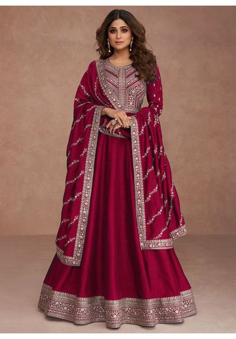 Shamita Shetty Wine Red Anarkali Gown with Dupatta Silk Anarkali Gown, Pakistani Gown, Shamita Shetty, Long Anarkali, Silk Anarkali, Gown With Dupatta, Sequence Embroidery, Gown Suit, Abaya Style