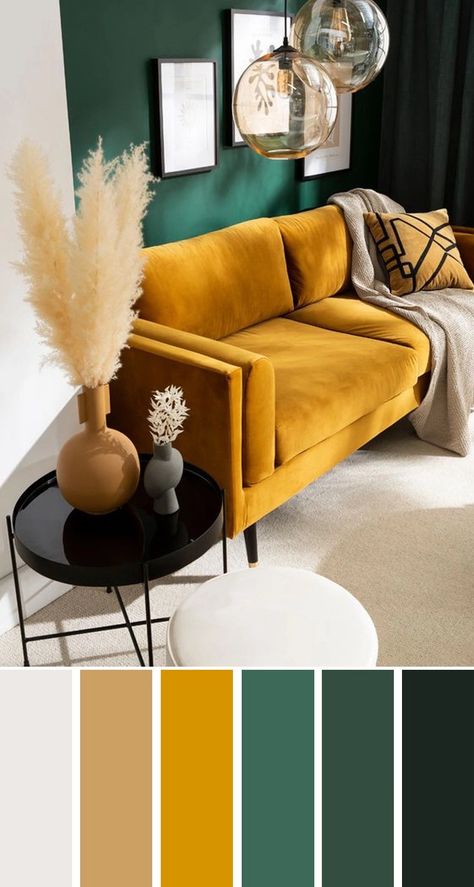 Emerald Green Mustard Living Room, Yellow Living Room Couch, Yellow Accent Chair For Living Room Decorating Ideas, Green Couch Yellow Walls, Yellow Wall Green Couch, Living Room With Mustard Sofa, Mustard And Sage Living Room, Mustard Sofa Living Room Ideas Modern, Green And Yellow Interior Design