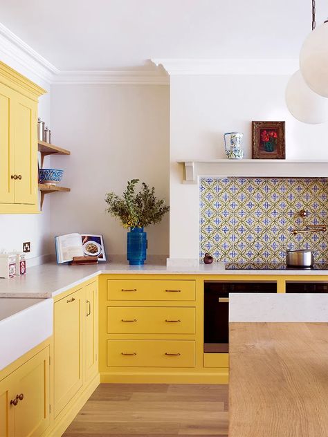 Yellow Kitchen Cabinets, Yellow Cabinets, Boutique Interior Design, Kitchen Paint Colors, Yellow Kitchen, Butcher Block Countertops, Kitchen Cabinet Colors, Boutique Interior, Country Furniture