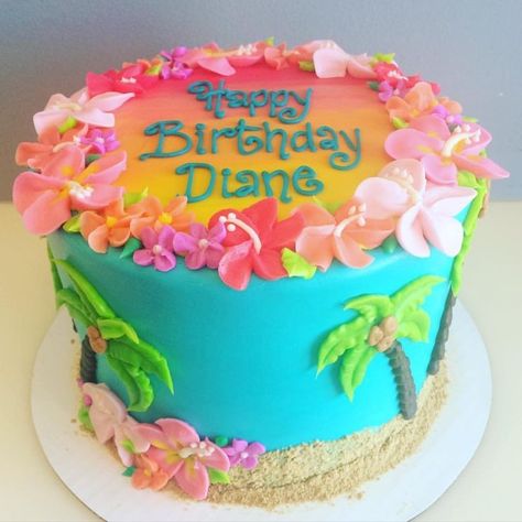 Happy Birthday Diane! Hawaii Birthday Cake, Hawaiian Birthday Cake, Hawaiian Theme Cakes, Hawaiian Birthday Cakes, Tropical Birthday Cake, Hawaii Cake, Beach Birthday Cake, Hawaiian Cake, Luau Birthday Party