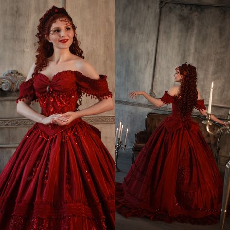 Red Corset Dress Victorian, Crimson Ball Gown, Vampire Masquerade Ball Gowns, Victorian Ballgown Masquerade Ball, Red Ballgown Aesthetic, Red Dress Aesthetic Medieval, Masquerade Ball Gowns Red, Dresses Victorian Era, Masquerade Party Outfit Dresses