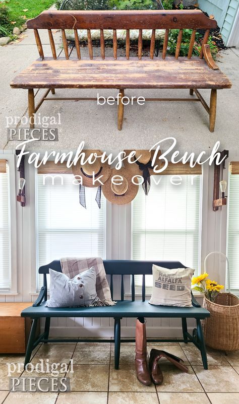 Vintage Bench Makeover, Wood Bench Refurbish, Deacons Bench Makeover, Bench Makeover Wooden, Wooden Bench Makeover, Old Bench Makeover, Bench Refurbish, Refinished Bench, Bench Restoration