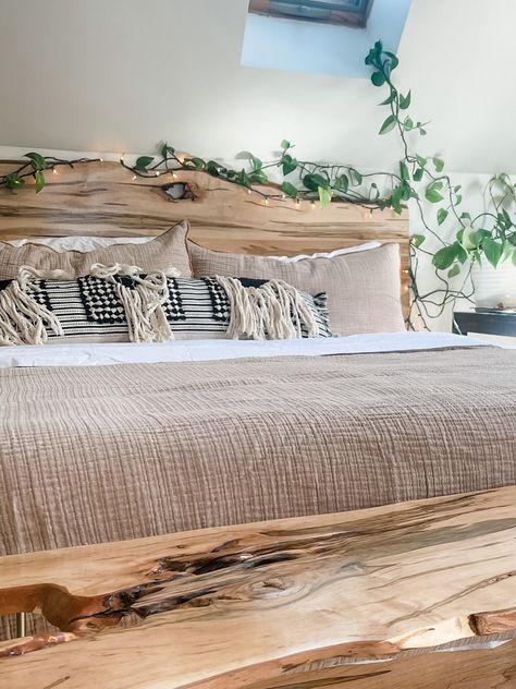 Live Edge King Size Headboard, Raw Edge Headboard, Raw Wood Headboard, Cedar Headboard Ideas, Natural Wood Headboard, Western Headboard, Creative Headboard Ideas, Mantle Headboard, Unique Headboard Ideas