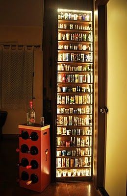 Beautiful shot glass display with LED lighting.  And pretty funny because my boyfriend already collects them :) Beer Glass Storage Ideas, Beer Glass Display, Booze Cabinet, Diy Display Case, Shot Glass Display, Shot Glasses Display, Shot Glass Holder, Glass Display Case, Diy Display