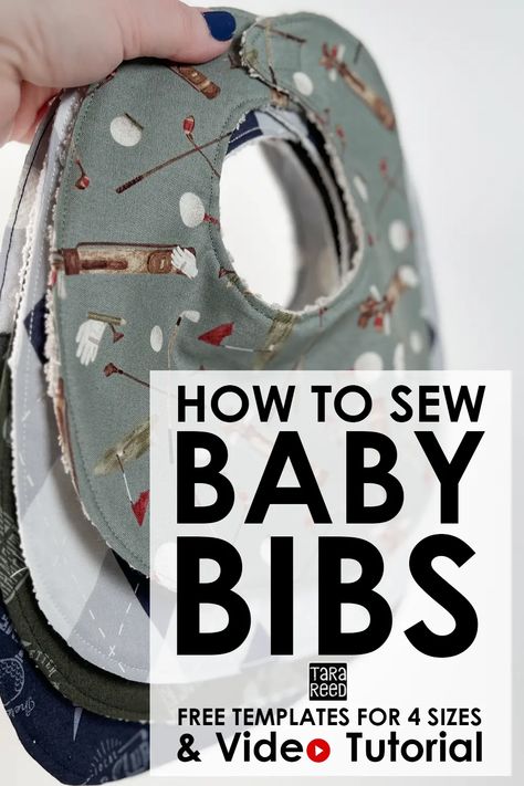 Sewing for Baby: How to Sew Baby Bibs in 4 sizes. Includes free templates and a video tutorial, a great sewing project for baby shower gifts. DIY Baby bib pattern free - great sewing for baby ideas and sewing projects for baby shower gifts. Tutorial uses Golf Days fabric by Tara Reed for Riley Blake Designs