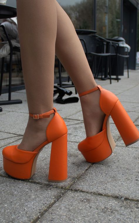 Ootd Heels, Orange High Heels, Chunky Platform Heels, Orange Heels, Platform Block Heels, Platform Heels Chunky, Bridesmaid Wedding, Platform High Heels, Chunky Platform