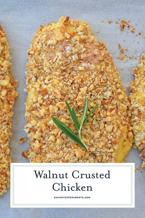 Walnut Crusted Chicken is a deliciously healthy, crunchy chicken with a cool dipping sauce! Made with chopped walnuts, panko bread crumbs, and fresh rosemary! #walnutcrustedchicken #rosemarychicken www.savoryexperiments.com via @savorycooking Walnut Recipes Dinner, Walnut Crusted Chicken, Panko Crusted Chicken, Crispy Oven Fried Chicken, Crispy Baked Chicken Thighs, Walnut Chicken, Easy Oven Baked Chicken, Walnut Crust, Oven Baked Chicken Thighs