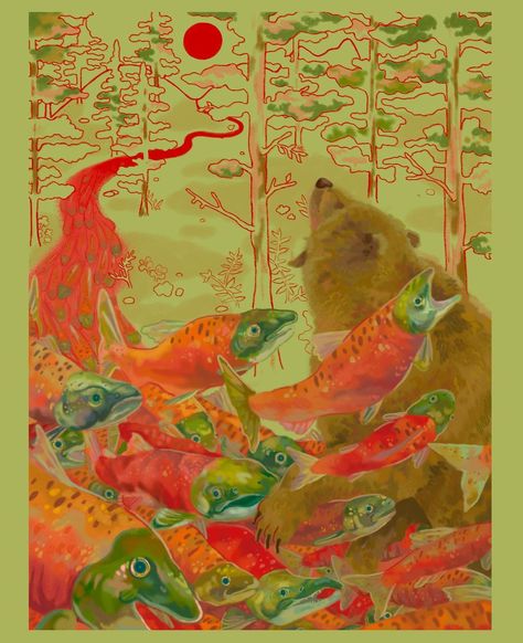 ellis on Instagram: “Salmon run 🎏 one of my final pieces for my intro to illustration class with @tedmichalowski :) We were challenged to take an editorial and…” Editorial Art Illustrations, Salmon Run Aesthetic, Splatoon Salmon Run Art, Salmon Run Art, Fish Drawing Reference, Final Piece Art, Salmon Reference, Salmon Aesthetic, Salmon Painting