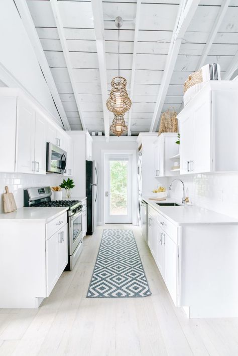 Beach House Kitchen, Beach Style Kitchen, Blue Kitchen Island, Grey Kitchen Island, Wood Plank Flooring, Galley Kitchens, Beach Kitchens, Beach House Kitchens, White Kitchen Island