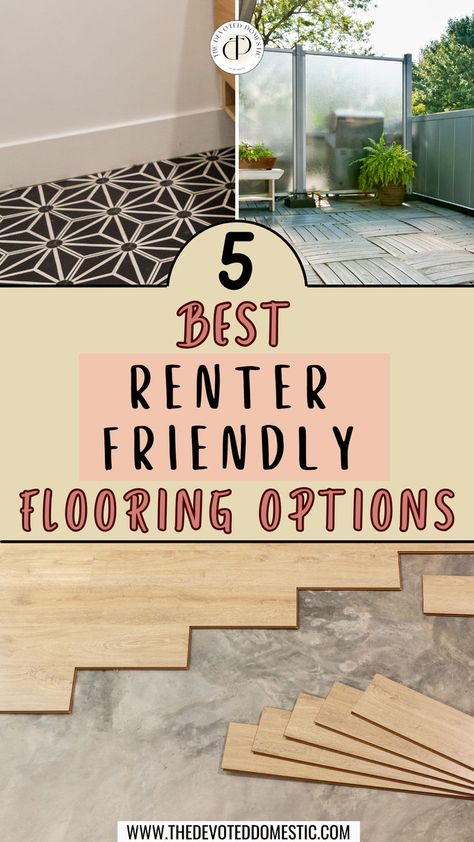 As a renter, you might want to cover up those old, stained floors. But is there a way to do it without causing any damage? ABSOLUTELY! Here are the 5 best renter friendly flooring options & temporary flooring for renters that'll beautify your apartment with ease! Temporary Floor Covering Ideas, Renter Friendly Tile Makeover, Renter Friendly Flooring, Temporary Flooring For Renters, Rental Property Remodel, Removable Flooring, Rental Friendly Upgrades, Renters Diy, Renter Friendly Decorating