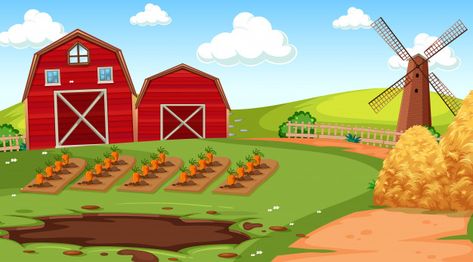 Farm scene in nature with barn | Free Vector #Freepik #vector #freetree #freehouse #freenature #freecartoon Farm Scenery, Farm Cartoon, Forest Cartoon, Farm Vector, Doodle Characters, Free Cartoons, Farm Scene, Cartoon Background, Cartoon Images