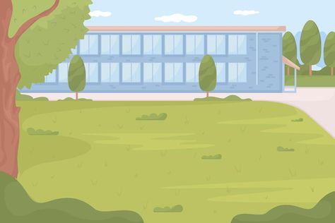 High school surrounded by green schoolyard flat color vector illustration Animation Schools, Building Illustration, Cute Panda Wallpaper, School Yard, School Building, Color Vector, Environmental Art, Flat Color, Cute Panda