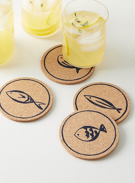 School of fish cork coasters Set of 4 | Simons Maison | Trivets & Coasters | Table Accessories | Simons Cork Trivet, School Of Fish, Felt Coasters, Cork Crafts, Slate Coasters, Cork Coasters, Table Accessories, Wood Coasters, Trivets