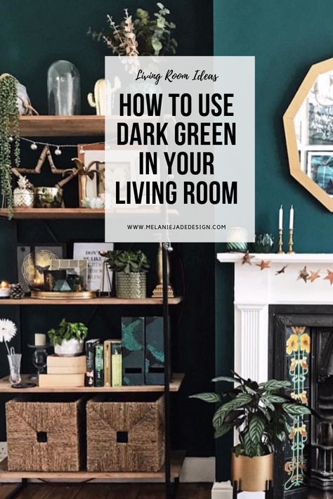 How to use dark green in your living room. Styling tips with furniture and soft furnishing ideas #melaniejadedesign #livingroomdetails #interiorblogger Black Evergreen Living Room, Dark Green Family Room Ideas, Living Room Dark Green Accent Wall, Dark Green Decor Living Room, Dark Blue Green Living Room, Green Tropical Living Room, 2023 Paint Color Trends Living Room, Dark Green Family Room, Navy Blue And Green Living Room