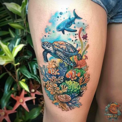 Marine Life Tattoo, Bright Colorful Tattoos, Hawaiian Turtle Tattoos, Coral Tattoo, Turtle Tattoo Designs, Dragon Tattoo Art, Arm Tats, Sea Tattoo, Whale Tattoos