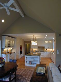 Ceiling Kitchen Design, Cathedral Ceiling Ideas, Cathedral Ceiling Kitchen, Ceiling Transition, Cathedral Ceiling Living Room, Beachy Kitchens, Small Basement Remodeling, Basement Remodeling Diy, Flat Ceiling