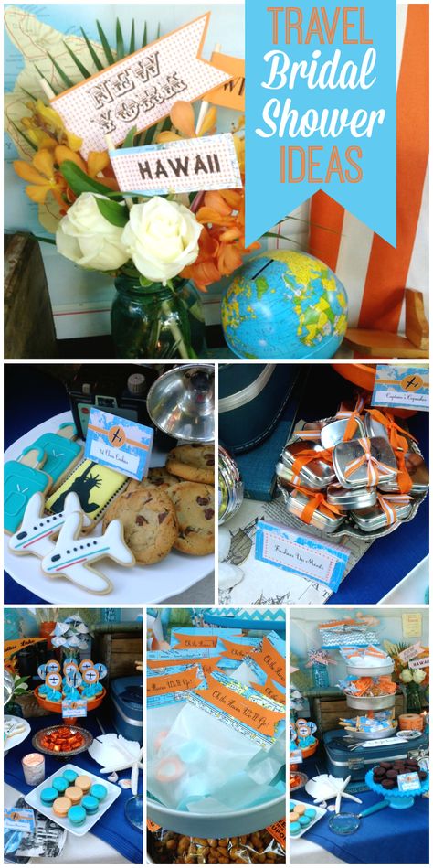 A travel inspired bridal shower in orange and blue with in-fight snacks and macarons!  See more party ideas at CatchMyParty.com! Travel Themed Snacks, Travel Themed Bridal Shower Ideas Food, Wedding Shower Travel Theme, Traveling From Ms To Mrs Bridal Shower Ideas, Bridal Shower Favors Travel Theme, Traveling From Miss To Mrs Shower Ideas, Travel Theme Bridal Shower, Travel Bridal Showers, Lego Themed Party