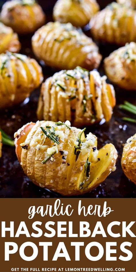 Say hello to your new favorite side dish! These Garlic Herb Hasselback Potatoes are crispy on the outside, tender on the inside, and packed with melted butter, garlic, and fresh herbs. They're the best potatoes ever... and perfect for the holidays! Filet Mignon Side Dishes, Fingerling Potatoes Air Fryer, Potato Side Dishes For Steak, Side Dish For Steak, Garlic Butter Potatoes, Garlic Baked Potatoes, The Best Potatoes, Best Potatoes, Steak Sides