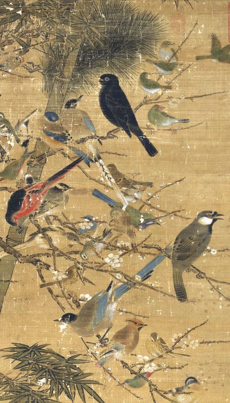 Ming dynasty 1368-1644.Bian Wenjin (ca. 1356-1428) The Three Friends&a Hundred Birds.Bian Wenjin was a bird-&-flower academic painter during the early Ming dynasty active at the Yongle (1402-24) & Xuande (1426-35)courts."In the seventh month, autumn, of 'guisi' in the Yongle reign (1413), Bian Jingzhao (Wenjin) of Longxi painted 'Three Friends' and a Hundred Birds at the official's residence in Chang'an."In ancient times, people referred to the capital as "Chang'an,"-Nanjing Ming Dynasty Aesthetic, Dynasty Aesthetic, The Glory Of Tang Dynasty, Ming Dynasty Architecture, Ming Dynasty Painting, Ming Dynasty Art, Chinese Painting Bird, Official Residence, Three Friends