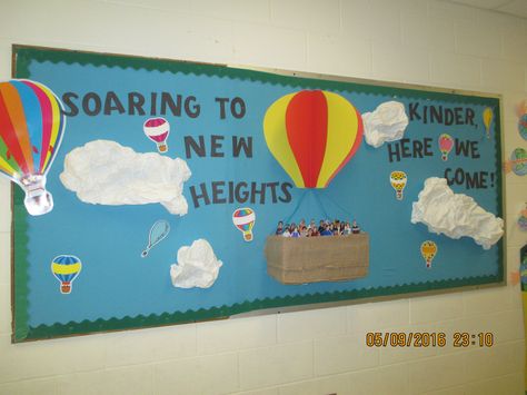 End of year PreK bulletin board; summer; hot air balloon; kinder 3d Balloons Bulletin Board, Bulletin Board Ideas Hot Air Balloons, Hot Air Balloon School Theme, School Bulletin Boards Spring, Hot Air Balloon Bulletin Board, Hot Air Balloon Display Classroom, Hot Air Ballon Bulletin Board Ideas, Hot Air Balloon Birthday Board Classroom, Hot Air Ballon Themed Classroom Door