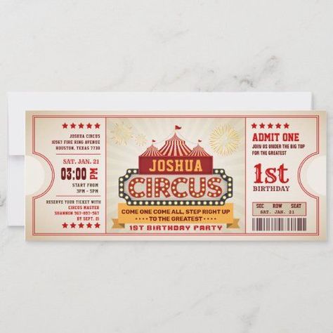 Carnival Invitation Template, Circus Ticket, Circus First Birthday, Circus Birthday Invitations, Circus Invitations, Carnival Invitations, Animal Birthday Invitation, Kids Themed Birthday Parties, Circus Birthday Party