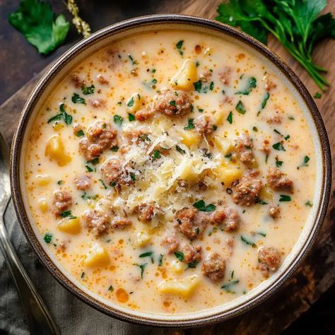 Delicious Creamy Parmesan Italian Sausage Soup Recipe Italian Sausage Soup Recipes Healthy, Soup Recipes Italian Sausage, Fall Sausage Soup, Meals With Pork Sausage, Sausage Food Ideas, Fun Soup Recipes, Fall Soup Recipes Sausage, Low Carb Fall Dinners, Chicken Sausage Soup Recipes