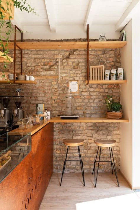 Gallery of Bloom33 Botanic Bar - Crema / Italy / 2019 | Picture 4 | Cafe Walls Interior, Mini Cafeteria Ideas, Acai Shop, Mini Coffee Shop, Tiny Coffee Shop, Crema Italy, Mini Cafeteria, Rustic Coffee Shop, Coffee House Design