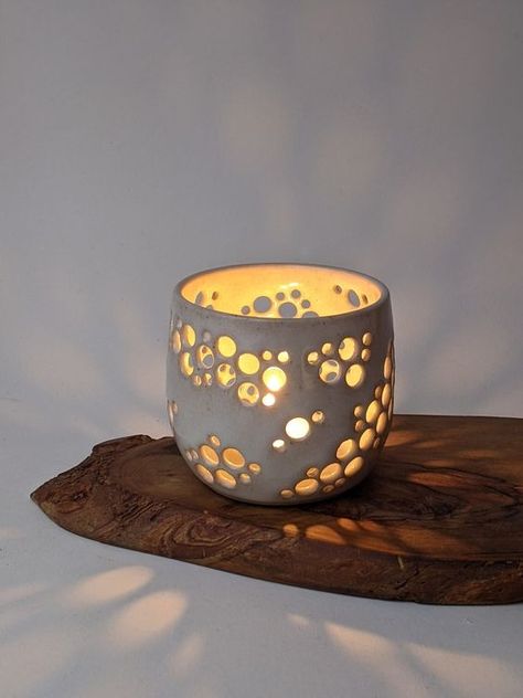 Ceramic Luminary, Handmade Ceramic Candle, White Candle Holder, White Candle Holders, Ceramics Pottery Bowls, Pottery Lessons, Pottery Candle Holder, Ceramic Lantern, Clay Candle