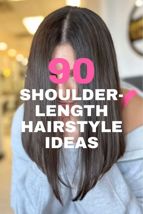 A sleek, shoulder-length inverted bob hairstyle with straight dark brown hair, ideal for a polished and modern look. Straight Dark Brown Hair, Inverted Lob, Straight Lobs, Hairstyle Inspiration, Round Face Shape, Inverted Bob, Shoulder Length Hair Cuts, Color Shampoo, Texturizing Spray