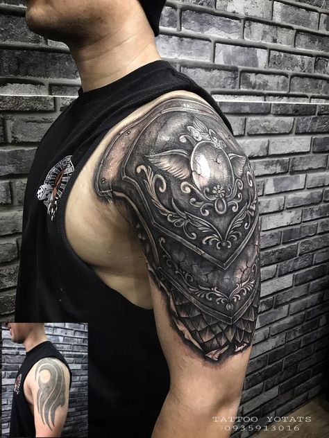 Shoulder Armor Tattoo Design For Men, Armor Half Sleeve Tattoo, Armour Tattoo Shoulder, Tattoo Shoulder Cover Up, Half Sleeve Cover Up Tattoo Men, Armor Shoulder Tattoo, Shoulder Armor Tattoo Design, Armour Tattoo Design, Tattoo Armor