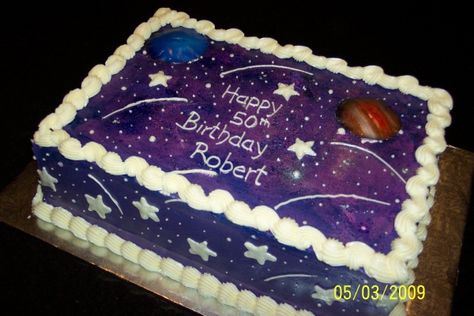 Jupiter and Neptune Birthday Cake Jupiter Cake Ideas, Space Sheet Cake, Jupiter Cake, Cake 9x13, Galaxy Cakes, Space Cakes, Solar System Cake, Mocha Buttercream, Pastel Rectangular