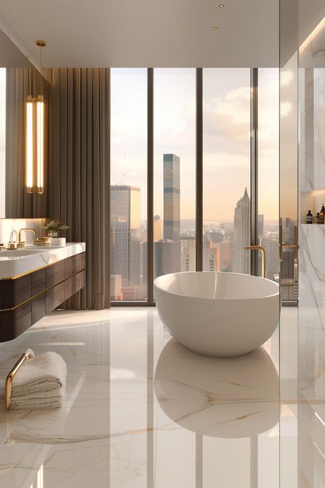 Experience luxury living with this modern skyscraper bathroom boasting an expansive city view. Relax in the large, oval bathtub next to full-height windows, basking in natural light. The marble vanity, adorned with gold accents, complements the opulent design, while the hidden lighting and clear glass shower enclosure add to the sleek, luxurious aesthetic. Indulge in the ultimate urban retreat with this stunning, modern bathroom. Bathroom Luxury Modern, Neoclassical Bathroom, Massive Bathroom, Huge Bathroom, House Fever, Oval Bathtub, Bathroom Big, Modern Luxury Bathroom, Big Baths