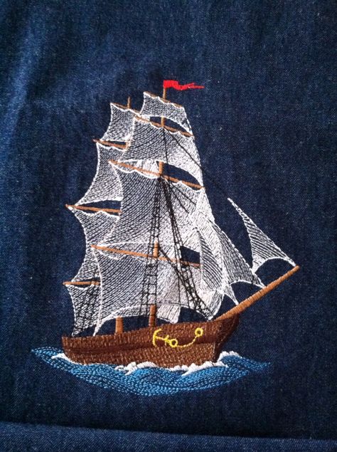 Machine embroidery ship. From embroideres.com Embroidery Map, Wilcom Embroidery, Sea Ship, Artistic Ideas, Miniature Embroidery, Embroidery Cards, String Art Patterns, String Art Diy, Diy Embroidery Patterns