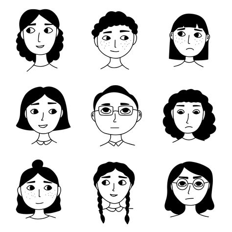 Doodle Face Art, Simple Face Drawing Cartoon, Simple Cartoon Face, Face Illustration Simple, Doodles Faces, Face Illustration Art, Easy Doodle Faces, Faces Doodle, Doodle Faces