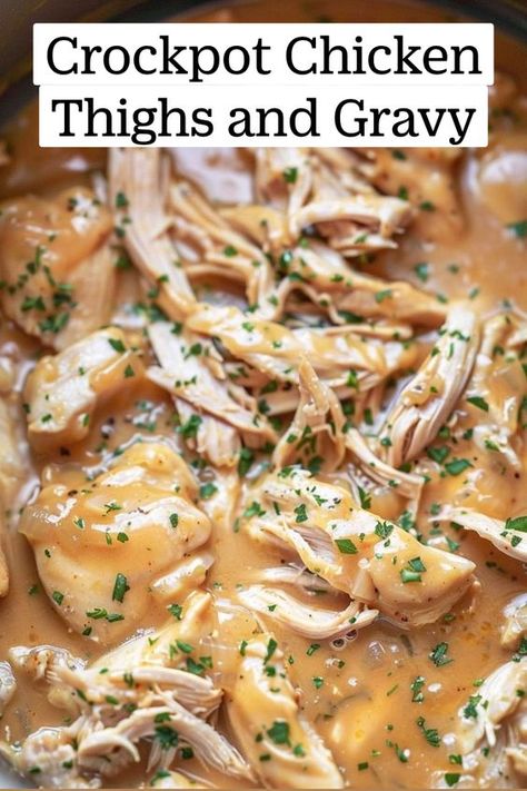 Enjoy the savory flavors of Crockpot Chicken Thighs & Gravy, effortlessly served over white rice. This simple, yet mouthwatering recipe transforms ordinary ingredients into a gourmet weeknight dinner. Perfect for busy families, it's a hearty meal that promises to comfort and satisfy. Pin this recipe for an easy, delicious solution to your dinner dilemmas. #CrockpotDinner #ChickenThighs #EasyMeals #FamilyDinner #ComfortFood Chicken In A Crock Pot Recipes, Gravy Crockpot Chicken, Chic Thigh Recipes, Comfort Crockpot Recipes, Chicken Thigh Crockpot Meals, Chicken Thighs And Bacon Recipes, Boneless Chicken Thigh Slow Cooker Recipes, Cream Of Chicken Crockpot Recipes, Easy Chicken Thighs Crockpot