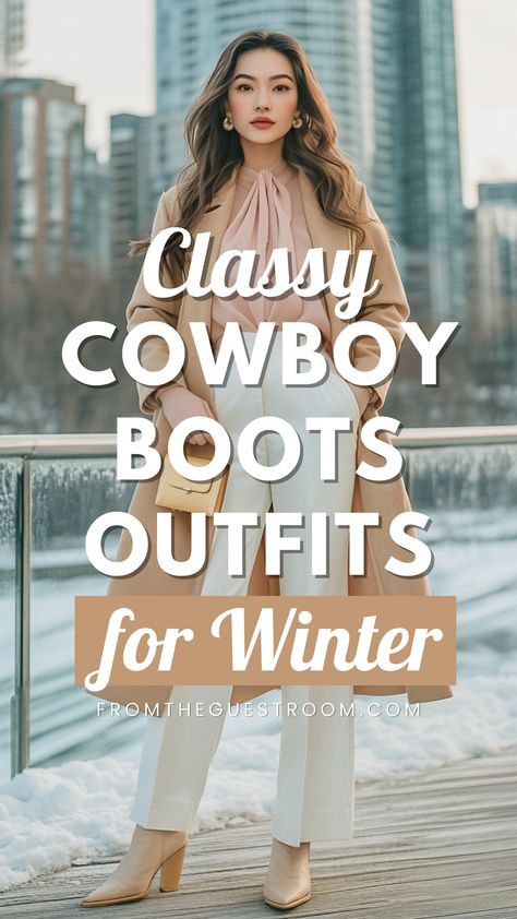 a woman wears classy cowboy boots for winter, western outfits Boots Outfit Classy, Cowgirl Boots Outfit Winter, Classy Cowgirl Outfits, Cowboy Boots Outfit Fall, Cowboy Boots Outfit Winter, Brown Cowboy Boots Outfit, Short Cowboy Boots Outfit, Red Cowboy Boots Outfit, Cowboy Boots Women Outfits