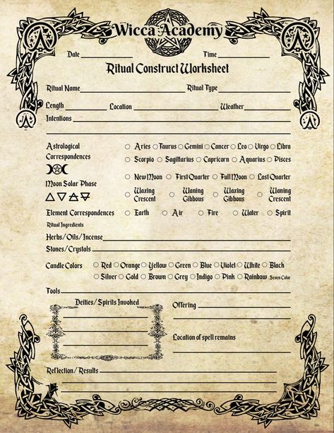 Ritual Worksheet Spell Worksheet Witchcraft, Witchcraft Worksheet, About Me Grimoire Page, Free Book Of Shadows Printables, Book Of Shadows Template, Grimoire Printables, Blank Book Of Shadows, Wiccan Books, Wiccan Crafts