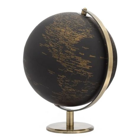 globe – BURKE DECOR Gold Accent Pieces, Black And Gold Office Decor, Black And Gold Office Ideas, Bungalow Office, Black And Gold Office, Black Library, Gold Office Decor, World Map Decor, Gold Office