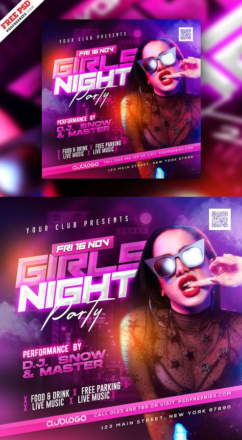 Download our Free Girls Night Out DJ Party Instagram Post PSD now! This creative template is designed to promote your upcoming special night party dedicated to girls and ladies party, music event, concert, festival, or a weekly event at a music club. It’s the perfect template to create excitement and engage your audience. Dj Event, Graphic Design Posters Layout, Shopify Marketing, Music Club, Free Psd Flyer, Music Flyer, Restaurant Marketing, Music Poster Design, Graphic Design Flyer