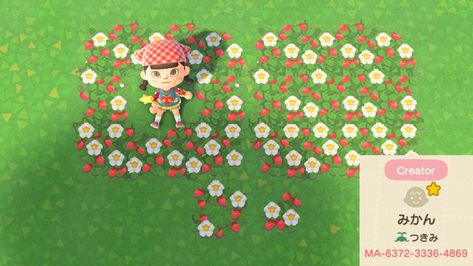 Animal Crossing Design Codes Flowers, Strawberry Path Acnh, Acnh Strawberry Design Code, Acnh Strawberry Code, Acnh Strawberry Farm, Acnh Strawberry Design, Acnh Flower Path, Animal Crossing Strawberry, Acnh Flower Code