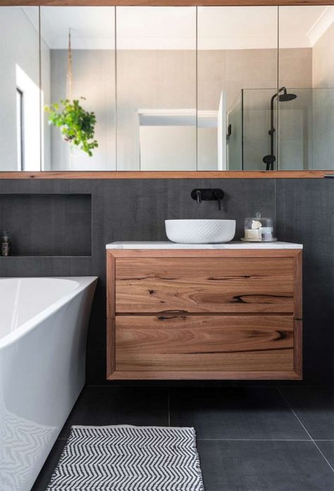 Timber Vanity, Industrial Style Bathroom, Bathroom Vanity Designs, Vanity Design, Bathroom Layout, Laundry In Bathroom, House Bathroom, Bathroom Styling, Contemporary Bathroom