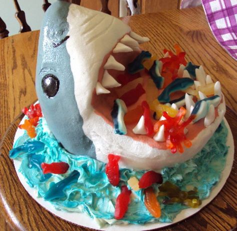 Shark Birthday Cake This is decorated with buttercream. Boys Birthday Cakes Easy, Shark Birthday Cake, Shark Cakes, Shark Birthday Cakes, Shark Cake, Shark Birthday Party, Shark Themed, Shark Party, Childrens Birthday Cakes